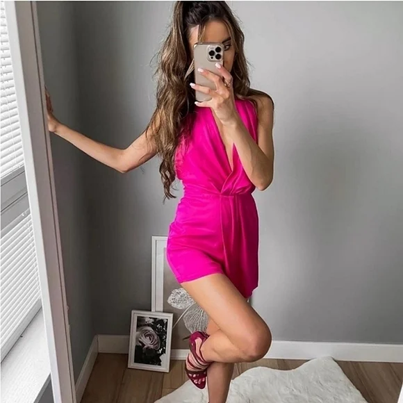 ZARA SATIN EFFECT SHORT JUMPSUIT ROMPER FUCHSIA Pink size L - Picture 2 of 12